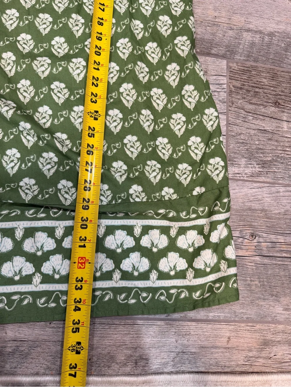 Olive Green Botanical Block Print Cotton Puff Sleeve Shift Dress L Square Neck